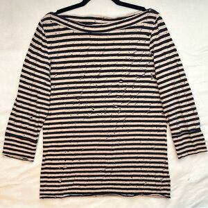 Calvin Rucker Tan & Black Striped Holes Distressed Boatneck 3/4 Slv Top M Shirt